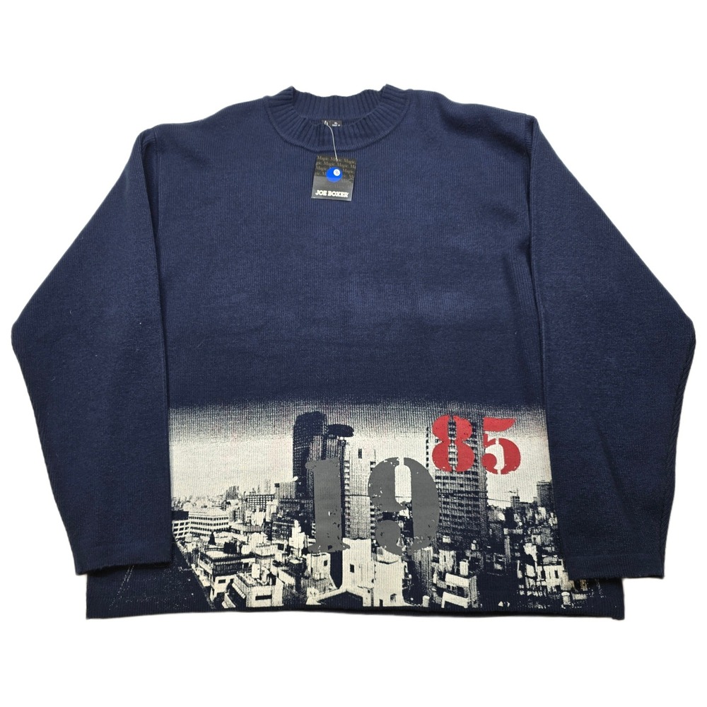 JOE BOXER Graphic Sweater Men XL Blue 1985 Cityscape Baggy Oversized 90s Y2K NEW